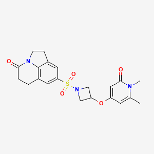 molecular formula C21H23N3O5S B2837889 8-((3-((1,6-二甲基-2-氧代-1,2-二氢呋喃-4-基)氧代-氮杂环丁烷-1-基)磺酰)-5,6-二氢-1H-吡咯[3,2,1-ij]喹啉-4(2H)-酮 CAS No. 2034311-32-3