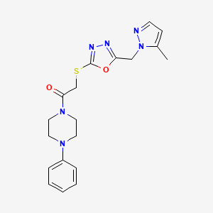 molecular formula C19H22N6O2S B2837891 2-((5-((5-methyl-1H-pyrazol-1-yl)methyl)-1,3,4-oxadiazol-2-yl)thio)-1-(4-phenylpiperazin-1-yl)ethanone CAS No. 1421477-04-4