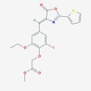 molecular formula C19H16INO6S B283790 methyl {2-ethoxy-6-iodo-4-[(5-oxo-2-(2-thienyl)-1,3-oxazol-4(5H)-ylidene)methyl]phenoxy}acetate 