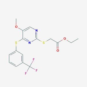 molecular formula C16H15F3N2O3S2 B2837973 Ethyl 2-((5-methoxy-4-((3-(trifluoromethyl)phenyl)sulfanyl)-2-pyrimidinyl)sulfanyl)acetate CAS No. 338423-49-7