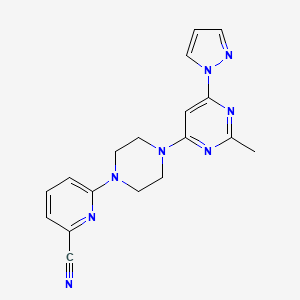 molecular formula C18H18N8 B2838062 6-[4-(2-Methyl-6-pyrazol-1-ylpyrimidin-4-yl)piperazin-1-yl]pyridine-2-carbonitrile CAS No. 2415453-73-3