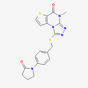 molecular formula C19H17N5O2S2 B2838071 4-methyl-1-((4-(2-oxopyrrolidin-1-yl)benzyl)thio)thieno[2,3-e][1,2,4]triazolo[4,3-a]pyrimidin-5(4H)-one CAS No. 1185068-55-6