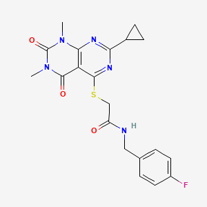 molecular formula C20H20FN5O3S B2838098 2-((2-cyclopropyl-6,8-dimethyl-5,7-dioxo-5,6,7,8-tetrahydropyrimido[4,5-d]pyrimidin-4-yl)thio)-N-(4-fluorobenzyl)acetamide CAS No. 863003-09-2