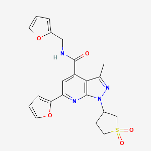 molecular formula C21H20N4O5S B2838102 1-(1,1-dioxidotetrahydrothiophen-3-yl)-6-(furan-2-yl)-N-(furan-2-ylmethyl)-3-methyl-1H-pyrazolo[3,4-b]pyridine-4-carboxamide CAS No. 1021215-66-6