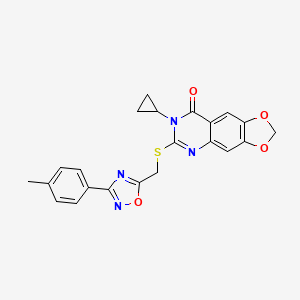 molecular formula C22H18N4O4S B2838143 7-cyclopropyl-6-(((3-(p-tolyl)-1,2,4-oxadiazol-5-yl)methyl)thio)-[1,3]dioxolo[4,5-g]quinazolin-8(7H)-one CAS No. 1112014-59-1