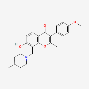 molecular formula C24H27NO4 B2838171 7-hydroxy-3-(4-methoxyphenyl)-2-methyl-8-((4-methylpiperidin-1-yl)methyl)-4H-chromen-4-one CAS No. 637752-60-4