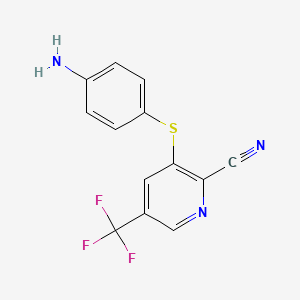 molecular formula C13H8F3N3S B2838174 3-[(4-Aminophenyl)sulfanyl]-5-(trifluoromethyl)-2-pyridinecarbonitrile CAS No. 338407-42-4