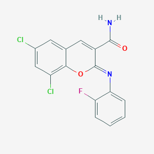 molecular formula C16H9Cl2FN2O2 B2838196 (2Z)-6,8-dichloro-2-[(2-fluorophenyl)imino]-2H-chromene-3-carboxamide CAS No. 325857-20-3