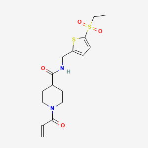 molecular formula C16H22N2O4S2 B2838476 N-[(5-Ethylsulfonylthiophen-2-yl)methyl]-1-prop-2-enoylpiperidine-4-carboxamide CAS No. 2361829-01-6