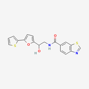 molecular formula C18H14N2O3S2 B2838504 N-[2-Hydroxy-2-(5-thiophen-2-ylfuran-2-yl)ethyl]-1,3-benzothiazole-6-carboxamide CAS No. 2320534-80-1