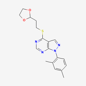 molecular formula C18H20N4O2S B2838537 1-(2,4-二甲基苯基)-4-[2-(1,3-二氧杂环戊二烯-2-基)乙基硫代基]吡唑并[3,4-d]嘧啶 CAS No. 893924-36-2