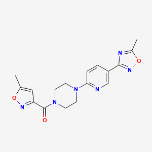molecular formula C17H18N6O3 B2838545 (4-(5-(5-Methyl-1,2,4-oxadiazol-3-yl)pyridin-2-yl)piperazin-1-yl)(5-methylisoxazol-3-yl)methanone CAS No. 1219906-72-5