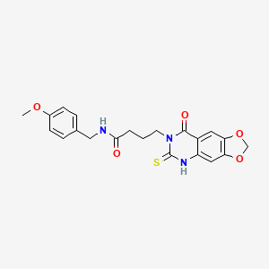 molecular formula C21H21N3O5S B2838570 N-[(4-甲氧基苯基)甲基]-4-(8-氧代-6-硫代-5H-[1,3]二氧杂噻吩[4,5-g]喹唑啉-7-基)丁酰胺 CAS No. 688054-52-6