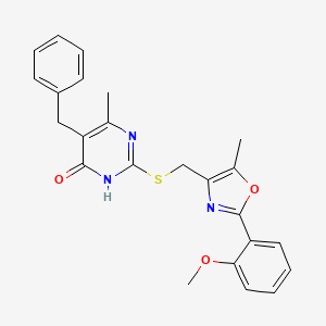 molecular formula C24H23N3O3S B2838575 5-benzyl-2-(((2-(2-methoxyphenyl)-5-methyloxazol-4-yl)methyl)thio)-6-methylpyrimidin-4(3H)-one CAS No. 1105233-21-3