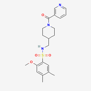 molecular formula C21H27N3O4S B2838614 2-甲氧基-4,5-二甲基-N-((1-烟酰基哌啶-4-基)甲基)苯磺酰胺 CAS No. 1396866-75-3