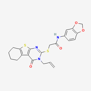 molecular formula C22H21N3O4S2 B2838681 N-(2H-1,3-benzodioxol-5-yl)-2-{[3-oxo-4-(prop-2-en-1-yl)-8-thia-4,6-diazatricyclo[7.4.0.0^{2,7}]trideca-1(9),2(7),5-trien-5-yl]sulfanyl}acetamide CAS No. 301857-99-8