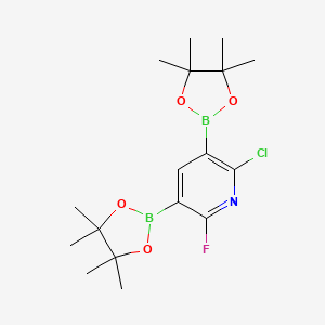 molecular formula C17H25B2ClFNO4 B2838692 2-Chloro-6-fluoro-3,5-bis(tetramethyl-1,3,2-dioxaborolan-2-YL)pyridine CAS No. 2377607-78-6