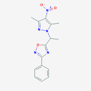 molecular formula C15H15N5O3 B283870 5-(1-{4-nitro-3,5-dimethyl-1H-pyrazol-1-yl}ethyl)-3-phenyl-1,2,4-oxadiazole 