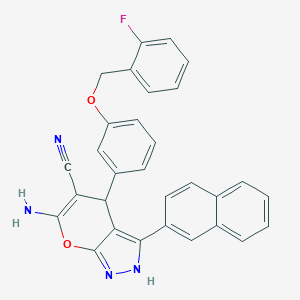 molecular formula C30H21FN4O2 B283872 6-Amino-4-{3-[(2-fluorobenzyl)oxy]phenyl}-3-(2-naphthyl)-1,4-dihydropyrano[2,3-c]pyrazole-5-carbonitrile 