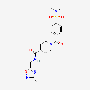 molecular formula C19H25N5O5S B2838764 1-(4-(N,N-二甲基磺酰)苯甲酰)-N-((3-甲基-1,2,4-噁二唑-5-基)甲基)哌啶-4-甲酸酯 CAS No. 1334376-46-3