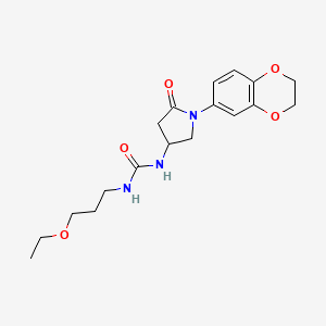 molecular formula C18H25N3O5 B2838785 1-(1-(2,3-Dihydrobenzo[b][1,4]dioxin-6-yl)-5-oxopyrrolidin-3-yl)-3-(3-ethoxypropyl)urea CAS No. 877640-85-2