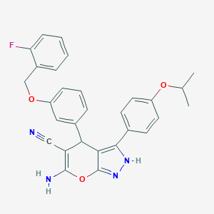 molecular formula C29H25FN4O3 B283882 6-Amino-4-{3-[(2-fluorobenzyl)oxy]phenyl}-3-(4-isopropoxyphenyl)-1,4-dihydropyrano[2,3-c]pyrazole-5-carbonitrile 