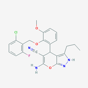 molecular formula C24H22ClFN4O3 B283883 6-Amino-4-{2-[(2-chloro-6-fluorobenzyl)oxy]-3-methoxyphenyl}-3-propyl-1,4-dihydropyrano[2,3-c]pyrazole-5-carbonitrile 