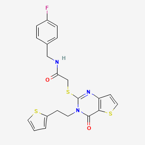 molecular formula C21H18FN3O2S3 B2838831 N-(4-fluorobenzyl)-2-({4-oxo-3-[2-(thiophen-2-yl)ethyl]-3,4-dihydrothieno[3,2-d]pyrimidin-2-yl}sulfanyl)acetamide CAS No. 1260995-05-8