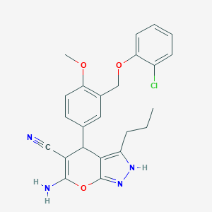 molecular formula C24H23ClN4O3 B283884 6-Amino-4-{3-[(2-chlorophenoxy)methyl]-4-methoxyphenyl}-3-propyl-1,4-dihydropyrano[2,3-c]pyrazole-5-carbonitrile 