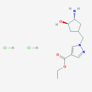 molecular formula C12H21Cl2N3O3 B2838842 乙酸1-[[(3R,4R)-3-氨基-4-羟基环戊基]甲基]吡唑-4-羧酸乙酯;二盐酸盐 CAS No. 2378496-92-3