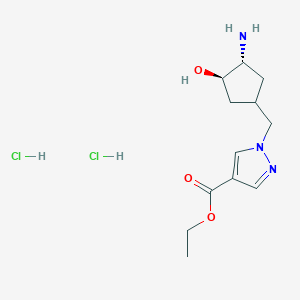 molecular formula C12H21Cl2N3O3 B2838842 Ethyl 1-[[(3R,4R)-3-amino-4-hydroxycyclopentyl]methyl]pyrazole-4-carboxylate;dihydrochloride CAS No. 2378496-92-3