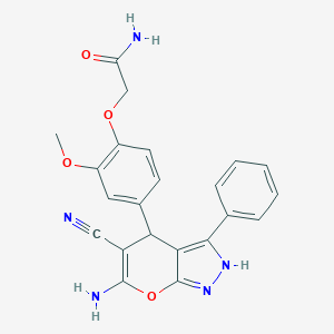 molecular formula C22H19N5O4 B283886 2-[4-(6-Amino-5-cyano-3-phenyl-1,4-dihydropyrano[2,3-c]pyrazol-4-yl)-2-methoxyphenoxy]acetamide 