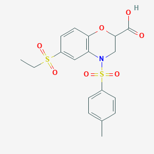 molecular formula C18H19NO7S2 B2838869 6-(乙磺酰基)-4-[(4-甲基苯基)磺酰]-3,4-二氢-2H-1,4-苯并噁唑-2-羧酸 CAS No. 866051-08-3