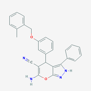 molecular formula C27H22N4O2 B283889 6-Amino-4-{3-[(2-methylbenzyl)oxy]phenyl}-3-phenyl-1,4-dihydropyrano[2,3-c]pyrazole-5-carbonitrile 