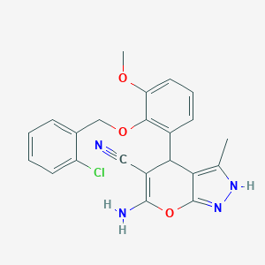 molecular formula C22H19ClN4O3 B283891 6-Amino-4-{2-[(2-chlorobenzyl)oxy]-3-methoxyphenyl}-3-methyl-1,4-dihydropyrano[2,3-c]pyrazole-5-carbonitrile 