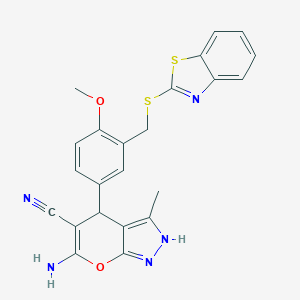 molecular formula C23H19N5O2S2 B283892 6-Amino-4-[3-(1,3-benzothiazol-2-ylsulfanylmethyl)-4-methoxyphenyl]-3-methyl-2,4-dihydropyrano[2,3-c]pyrazole-5-carbonitrile 