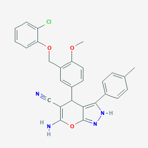 molecular formula C28H23ClN4O3 B283896 6-Amino-4-{3-[(2-chlorophenoxy)methyl]-4-methoxyphenyl}-3-(4-methylphenyl)-1,4-dihydropyrano[2,3-c]pyrazole-5-carbonitrile 