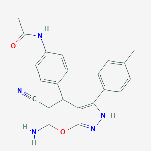 molecular formula C22H19N5O2 B283897 N-[4-[6-amino-5-cyano-3-(4-methylphenyl)-2,4-dihydropyrano[2,3-c]pyrazol-4-yl]phenyl]acetamide 