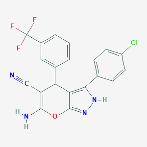 molecular formula C20H12ClF3N4O B283898 6-Amino-3-(4-chlorophenyl)-4-[3-(trifluoromethyl)phenyl]-1,4-dihydropyrano[2,3-c]pyrazole-5-carbonitrile 