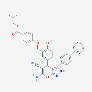 molecular formula C38H34N4O5 B283899 2-Methylpropyl 4-({5-[6-amino-3-(biphenyl-4-yl)-5-cyano-1,4-dihydropyrano[2,3-c]pyrazol-4-yl]-2-methoxybenzyl}oxy)benzoate 