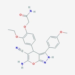 molecular formula C24H23N5O5 B283901 2-{4-[6-Amino-5-cyano-3-(4-methoxyphenyl)-1,4-dihydropyrano[2,3-c]pyrazol-4-yl]-2-ethoxyphenoxy}acetamide 