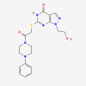 molecular formula C19H22N6O3S B2839015 1-(2-hydroxyethyl)-6-((2-oxo-2-(4-phenylpiperazin-1-yl)ethyl)thio)-1H-pyrazolo[3,4-d]pyrimidin-4(5H)-one CAS No. 946205-83-0