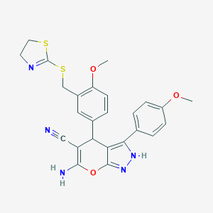 molecular formula C25H23N5O3S2 B283902 6-Amino-4-{3-[(4,5-dihydro-1,3-thiazol-2-ylsulfanyl)methyl]-4-methoxyphenyl}-3-(4-methoxyphenyl)-1,4-dihydropyrano[2,3-c]pyrazole-5-carbonitrile 