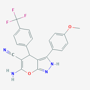molecular formula C21H15F3N4O2 B283903 6-Amino-3-(4-methoxyphenyl)-4-[4-(trifluoromethyl)phenyl]-1,4-dihydropyrano[2,3-c]pyrazole-5-carbonitrile 