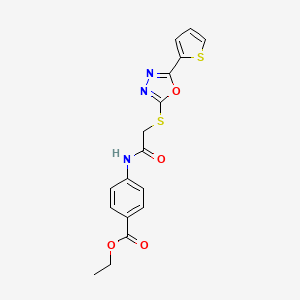 molecular formula C17H15N3O4S2 B2839033 Ethyl 4-(2-((5-(thiophen-2-yl)-1,3,4-oxadiazol-2-yl)thio)acetamido)benzoate CAS No. 1002910-53-3