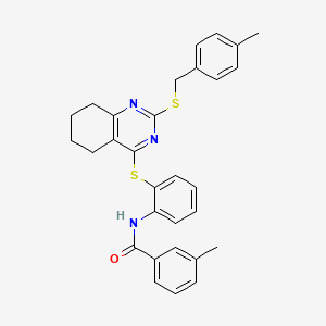 molecular formula C30H29N3OS2 B2839064 3-methyl-N-[2-({2-[(4-methylbenzyl)sulfanyl]-5,6,7,8-tetrahydro-4-quinazolinyl}sulfanyl)phenyl]benzenecarboxamide CAS No. 866049-13-0