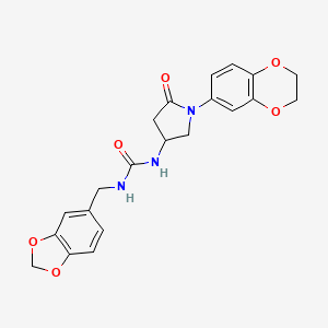 molecular formula C21H21N3O6 B2839073 1-(Benzo[d][1,3]dioxol-5-ylmethyl)-3-(1-(2,3-dihydrobenzo[b][1,4]dioxin-6-yl)-5-oxopyrrolidin-3-yl)urea CAS No. 891112-48-4