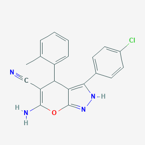 molecular formula C20H15ClN4O B283908 6-Amino-3-(4-chlorophenyl)-4-(2-methylphenyl)-1,4-dihydropyrano[2,3-c]pyrazole-5-carbonitrile 