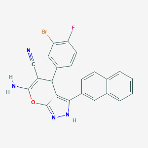 molecular formula C23H14BrFN4O B283911 6-Amino-4-(3-bromo-4-fluorophenyl)-3-(2-naphthyl)-1,4-dihydropyrano[2,3-c]pyrazole-5-carbonitrile 