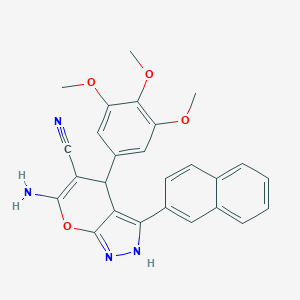molecular formula C26H22N4O4 B283914 6-Amino-3-(2-naphthyl)-4-(3,4,5-trimethoxyphenyl)-1,4-dihydropyrano[2,3-c]pyrazole-5-carbonitrile 